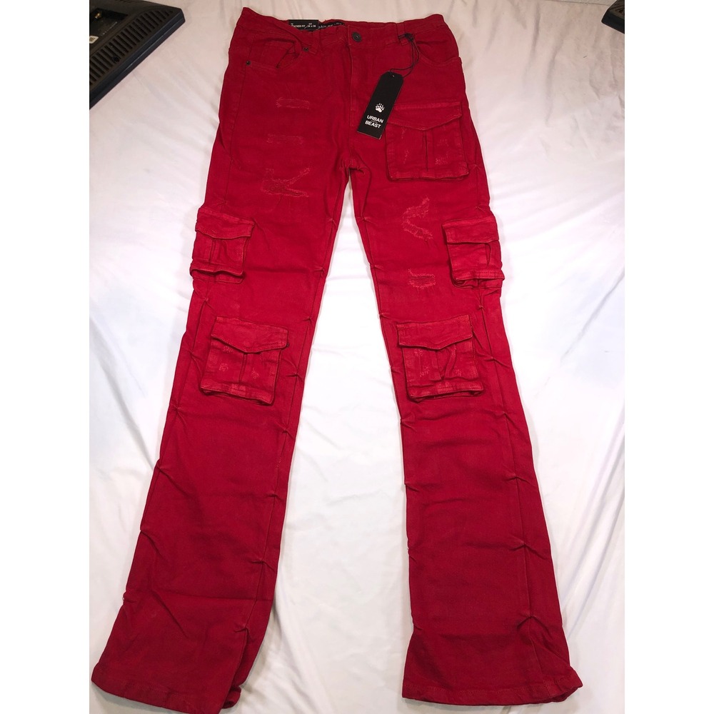 Urban Beast Mens Red Stacked Fit Cargo Pants Distressed Denim 34x36 UB118T